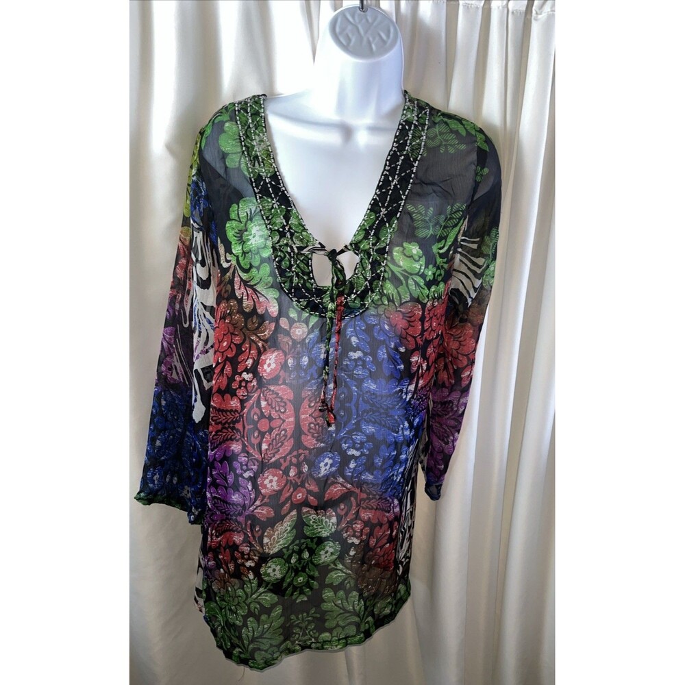 California Woman Sheer Bohemian Tunic Blouse Size L Coverup Beach Resort Summer